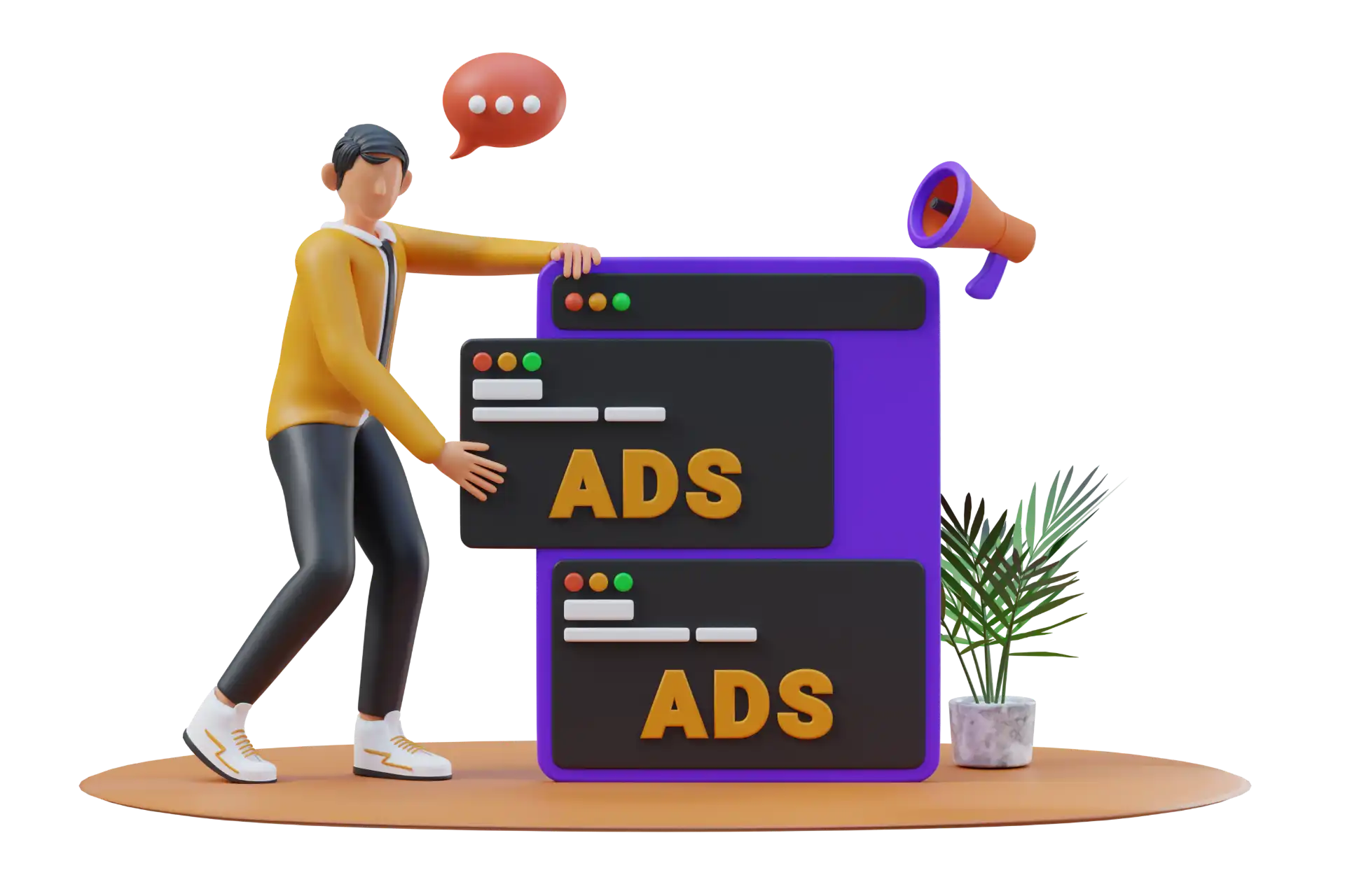 Ilustração 3D de um homem interagindo com uma tela de anúncios. Ele parece estar otimista e engajado no marketing digital com ícones de ads visíveis e elementos de comunicação. Imagem ilustrativa de uma pessoa apresentando dados em um gráfico em um computador, simbolizando estratégia digital e marketing