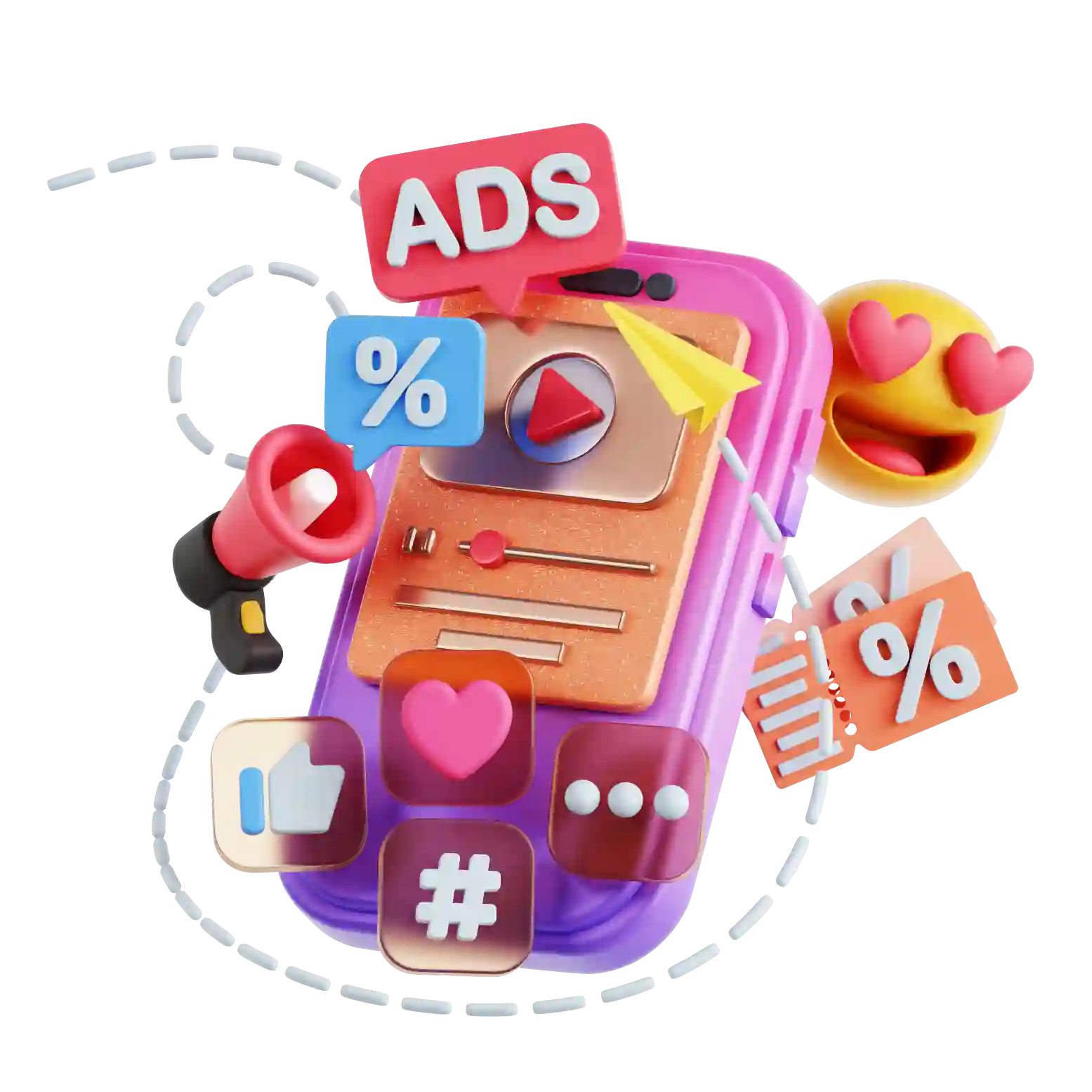 Imagem colorida de um smartphone com ícones de anúncios, redes sociais e emojis, representando o mundo de publicidade digital e marketing em redes sociais.