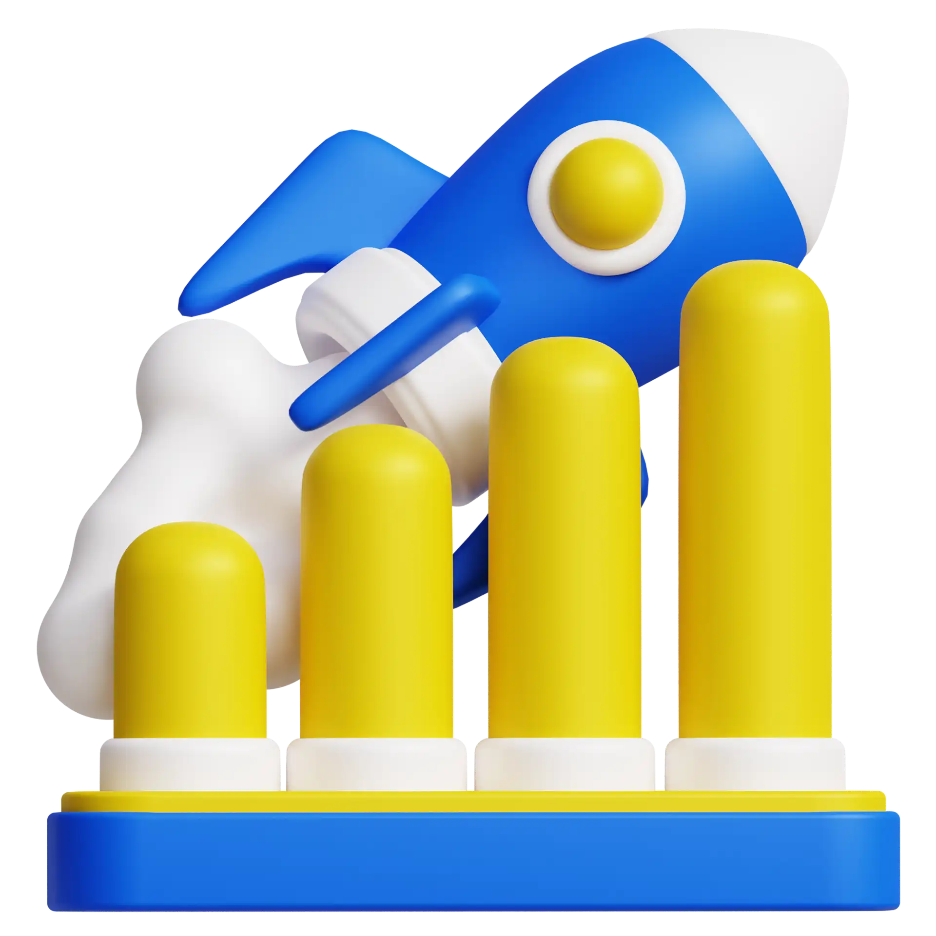 Uma ilustração 3D de um foguete azul decolando ao lado de gráficos representando crescimento, ideal para temas de inovação e progresso.