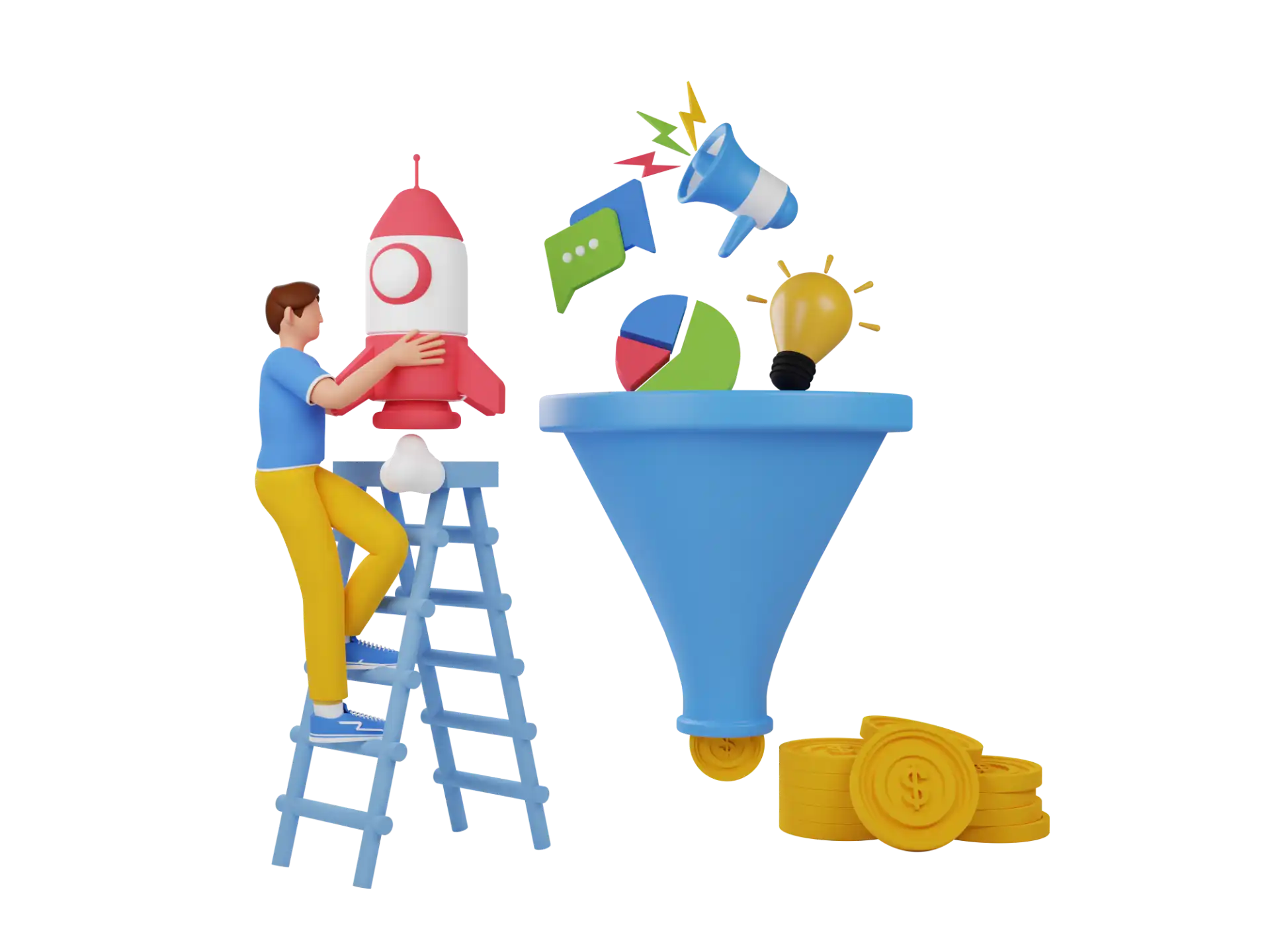 Imagem representativa de marketing digital com um homem subindo uma escada para lançar um foguete, relacionado ao funil de vendas e dados de análise. Funil ARRR.